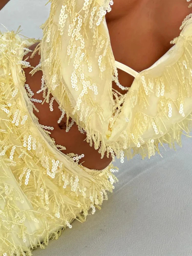 Yellow Sequin Tassels Mini Skirt Sets For Women Backless Sleeveless Halter Vest Tops Hip Package Mini Skirts 2 Pieces Lady Suits 250714