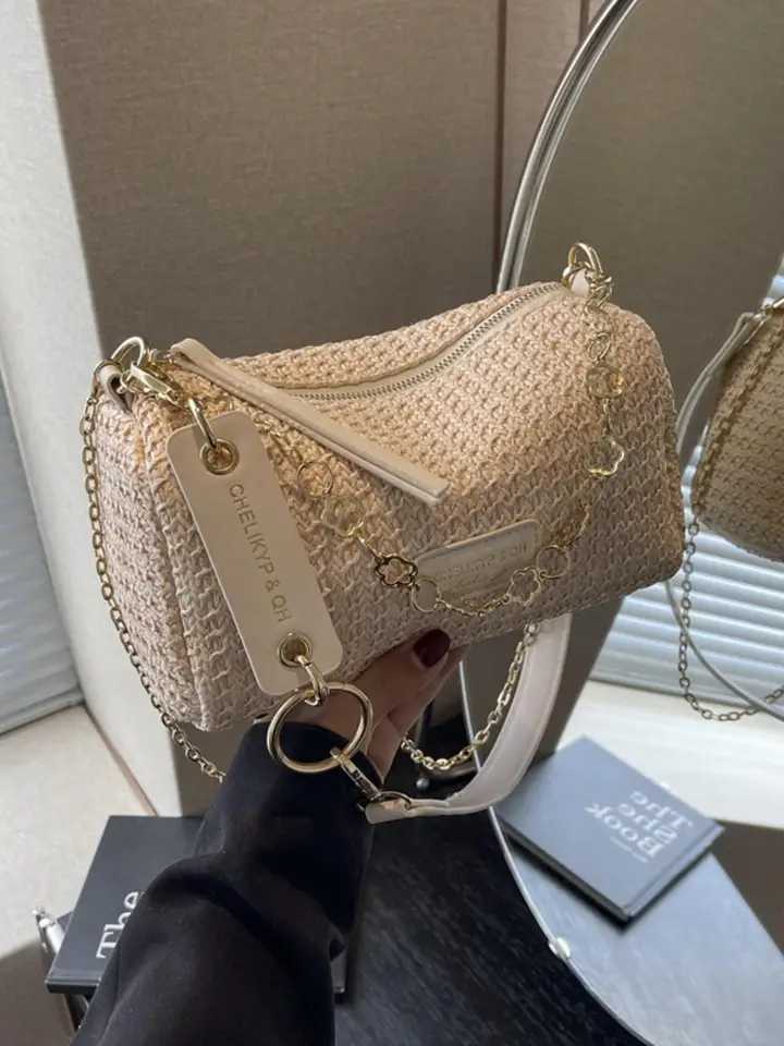 new spring and summer contrast striped woven shoulder bag with letter decoration crossbody bag Y250722