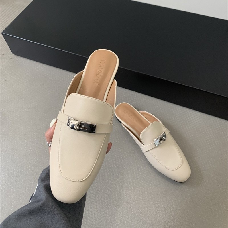 French cowhide sandals toe semi-slippers women's wears spring and summer lazy casual one-footed muller commuter shoes2025