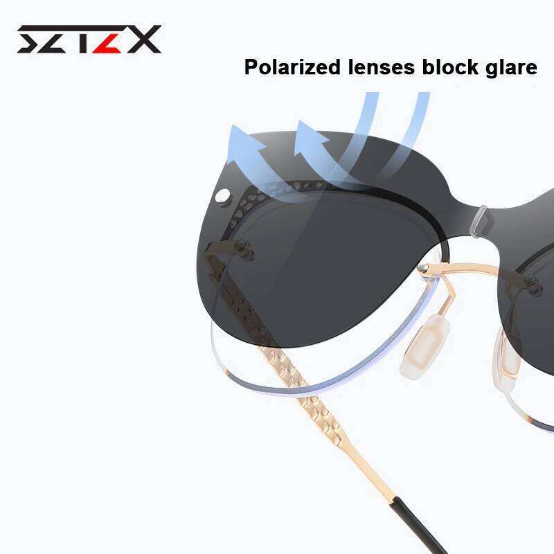 SZTZX Rimless Metal Cat Eye Magnet Clip On Reading Women Hyperopia Myopia Prescription Glasses with Polarized Sunglasses