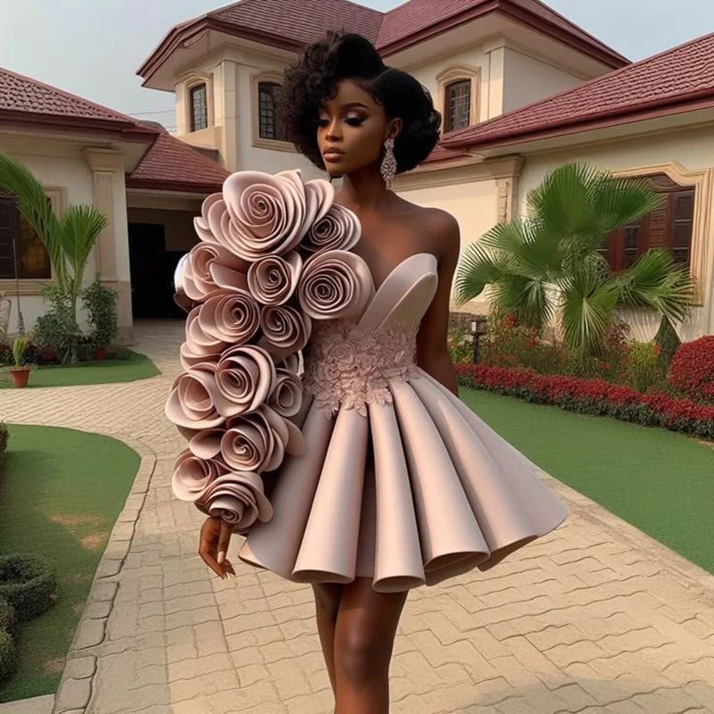 Flowers One Shoulder Short Prom Dresses Pleats Satin A-Line Cocktail Party Gown Sweetheart Neckline Customized Birthday Party Occasion Dress