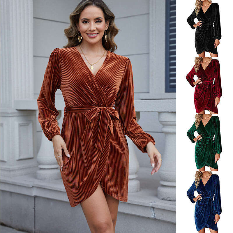 Autumn Winter New Women's Solid Color Tie Waist Ruched Striped Dress B5
