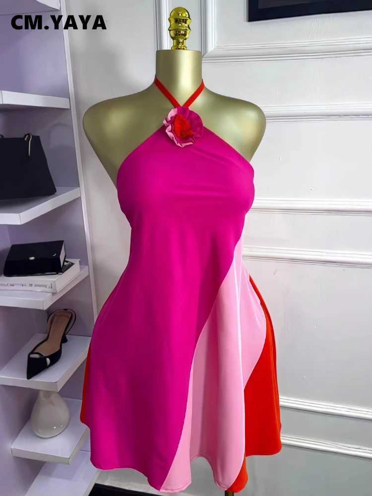 2025 Summer Vacation Birthday Sexy Party Dresses CM.YAYA Women Colorblock Halter Neck Backless Floral Applique A-line Mini Dress XJ250722