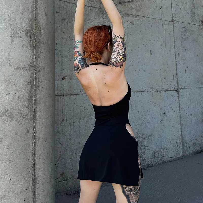 New Solid Color Sling Mini Dress Metal Buckle Hollow Hip Deep Split Metal Circle Decoration Hot Girls Spicy Clubwear Street XJ250722