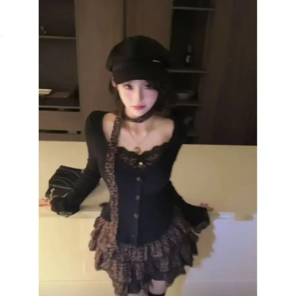 Leopard Vintage Suits Women Elegant Y2k Thin Sweater Pullover Mini Skirts Casual 2000s Clothing 2 Piece Skirt Sets Chic 250714