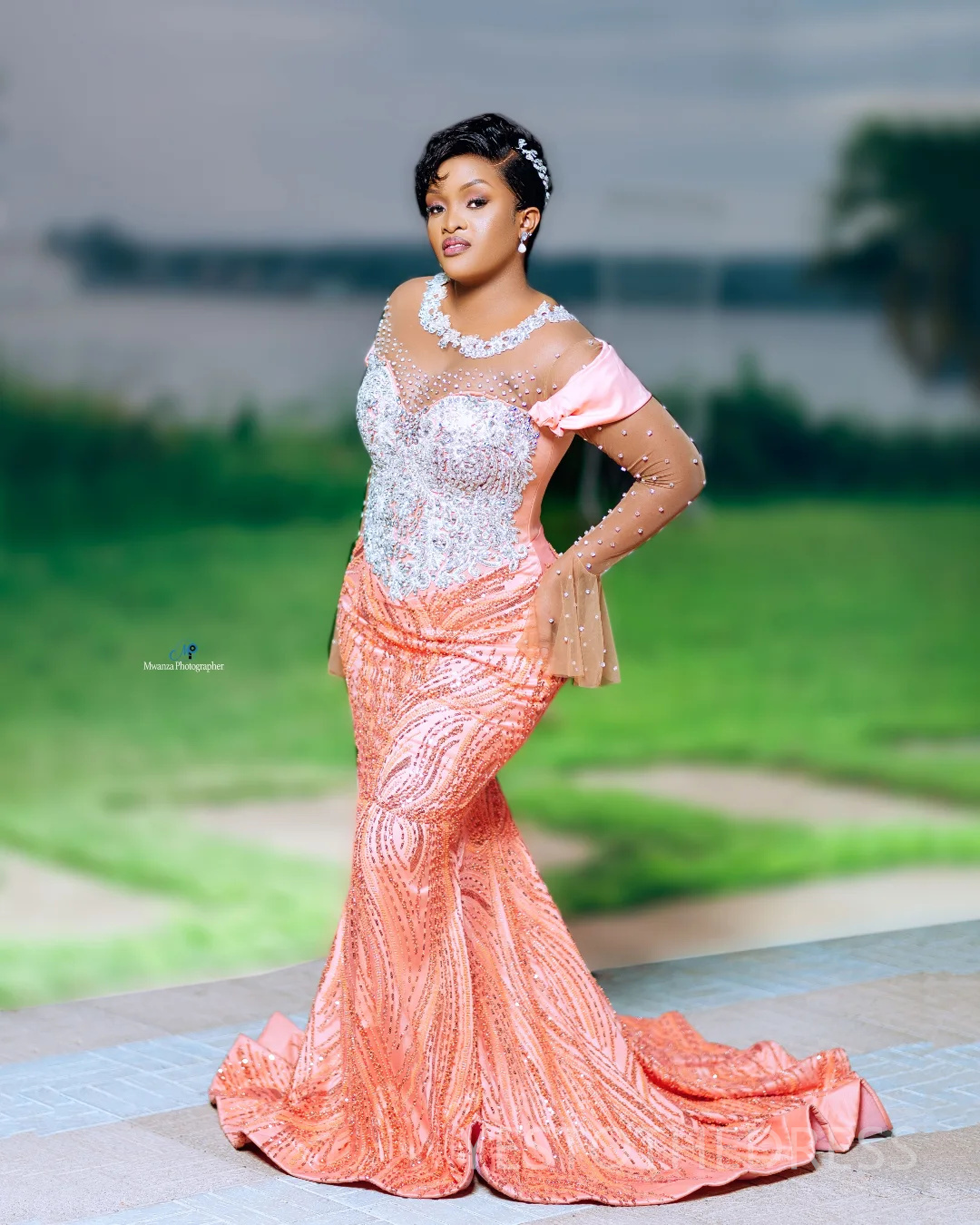 2025 Plus Size Coral Prom Dress For Black Women Mermaid Evening Dresses Robe De Soiree Sheer Neck Long Sleeves Beaded Lace Birthday Dress Second Recep