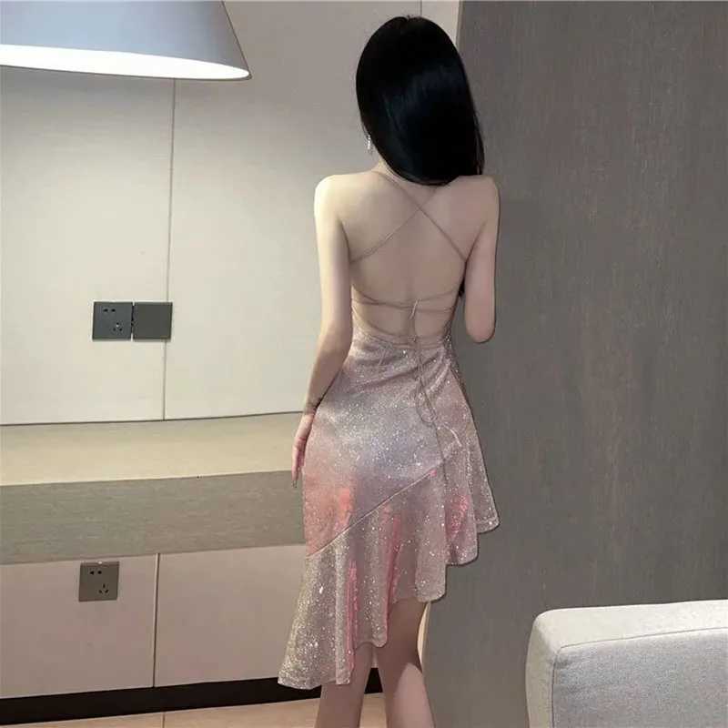Baby Sexy Women Golden Mermaid Dresses Summer Spaghetti Strap Strapless Dress Woman Elastic Solid Color Bandage Dresses Lady XJ250722