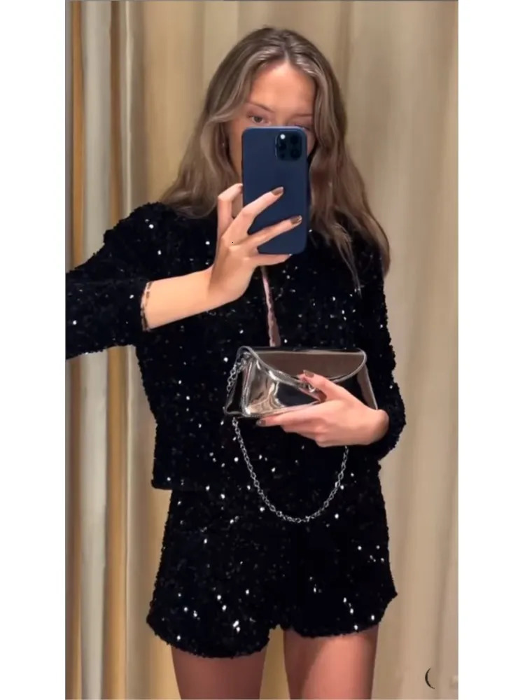 Sequin Evening Shorts Suit Women Fashion Long Sleeve Cropped Set Female Elegant Party High Waist Chic Sparkling Sets 250714