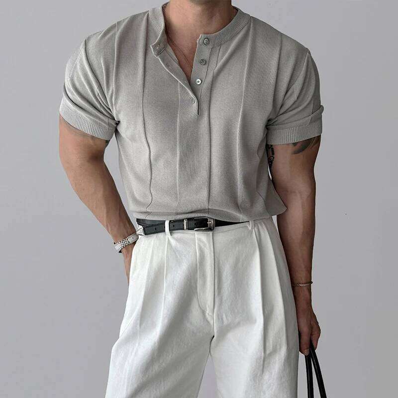 New Fashion Men Henry Collar T-Shirt Leisure Knit Short Sleeve Tops Korean Style Summer Stretchy Breathable Fiess Tees