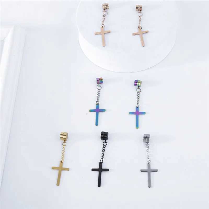 Punk Cross Pendant Tassel Stainless Steel Earrings Magnetic Fashion Geometric Clip Ear Jewelry Party Gifts For Women Men XJ250722