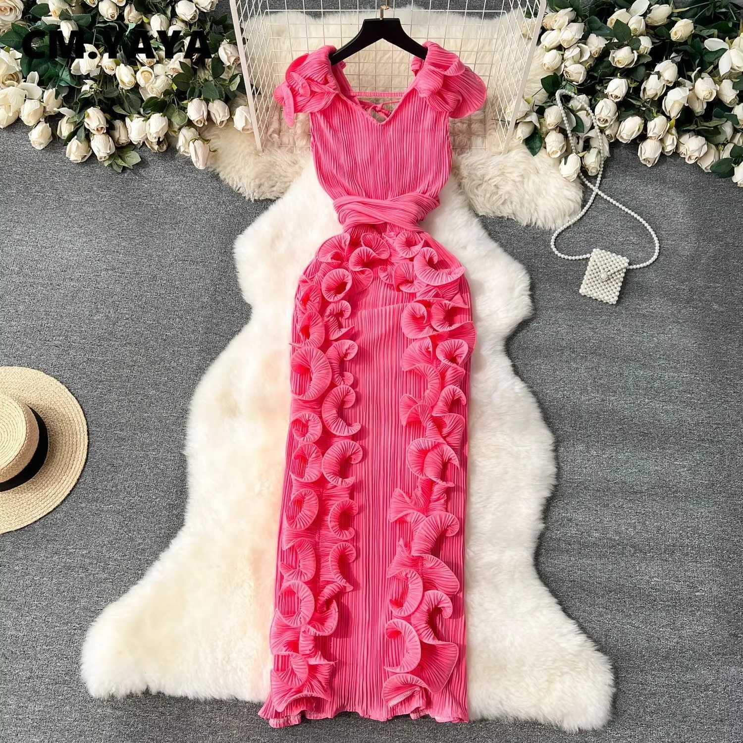 2025 CM.YAYA Women Ruffles Splicing V-neck Sleeveless Bodycon Midi Pleated Maxi Long Dress Birthday Sexy Club Party Even Dresses XJ250722