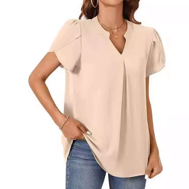 Summer Simple Fashion Casual Style Women's Shirt Solid Color Ruffle Sleeves B5
