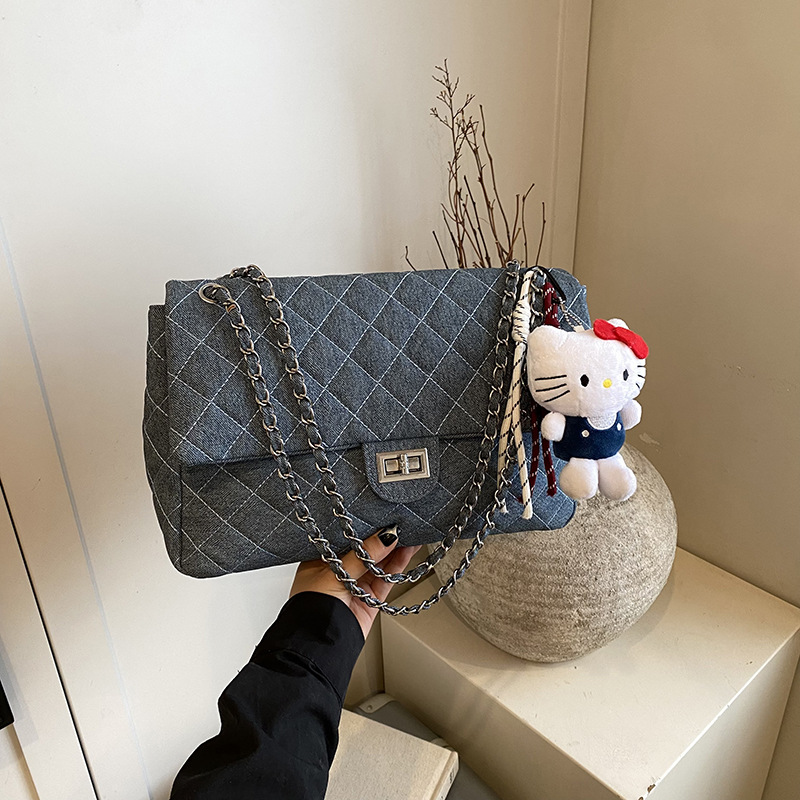 Dia Pattern Denim Shoulder Bag, Fashionable Chain Cross Body Handbag, Large Capacity dh1899503