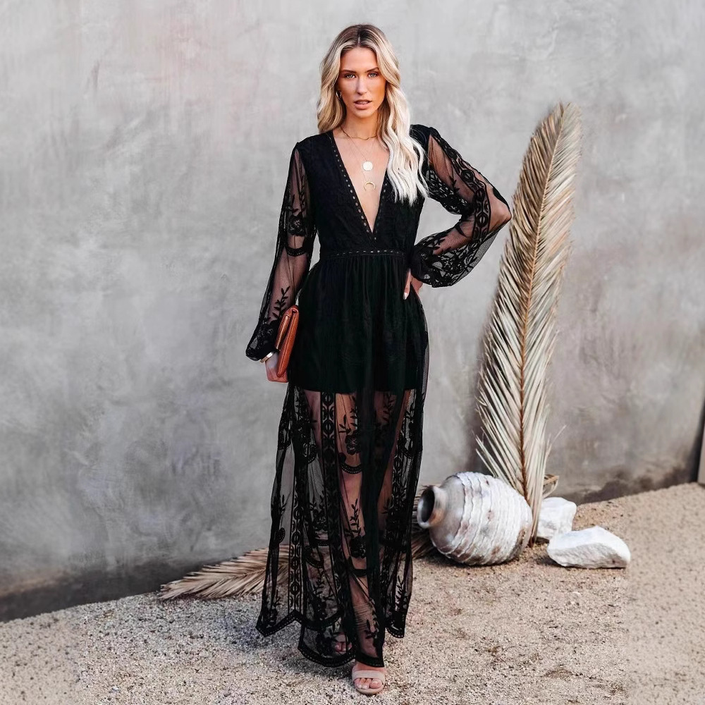 2022 spring and summer new womens lace long sleeve V-neck solid color Chiffon summer dress 210531