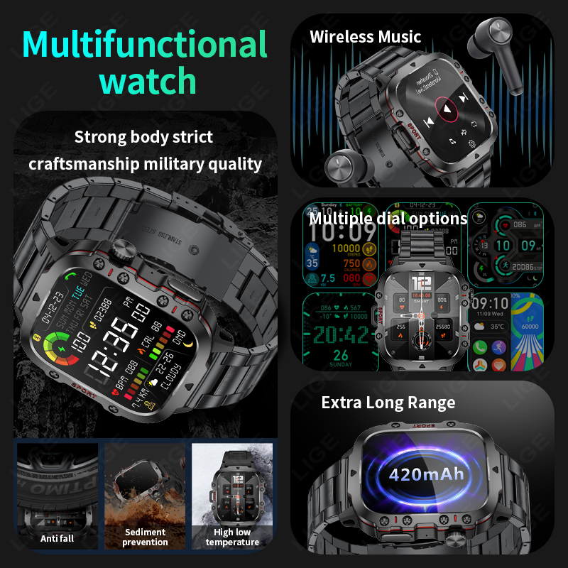 LIGE smartwatch Wireless call, music control, multiple sports modes, IP67 waterproof, blood pressure and heart rate detection Remote control photo tak