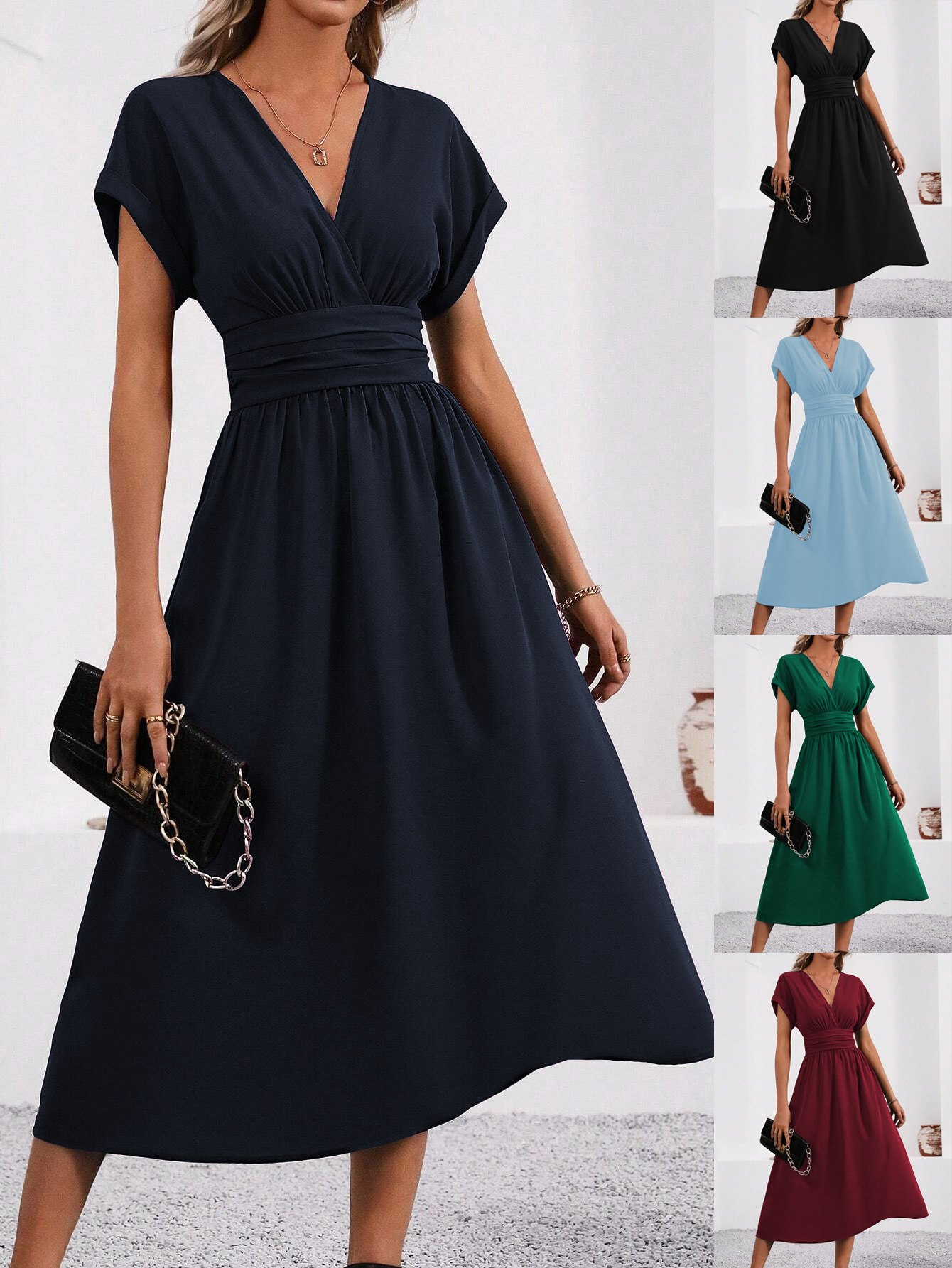 G721Solid Color Overlapping V-Neck Bat Sleeve Waist Pleated Long Elegant Dress