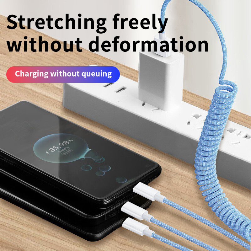 Nylon Braided Type C Spring Data Cable 3 in 1 USB Charging Cable