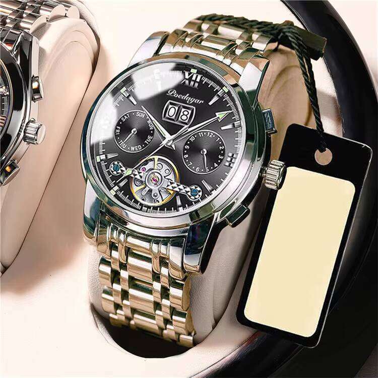 DHgargets POEDAGAR Men's Automatic Watch - Tourbillon, Day/Date, 50M Waterproof, Luminous, Stainless Steel Band, Business Mechanical Watch