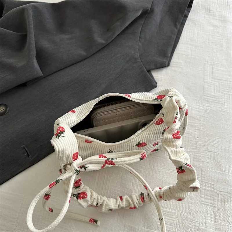 Women Small Underarm Bag Corduroy Handbag Cute Strawberry Print Little Tote Half Moon Design Eco Cloth Purse Mini Shoulder Bags XJ250704