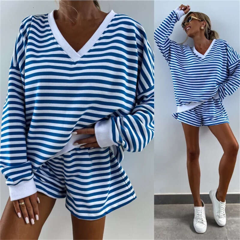 Summer New Women's Casual Striped Long Sleeve V-Neck Loose Top Sports Shorts 2-Piece Set For Women B5