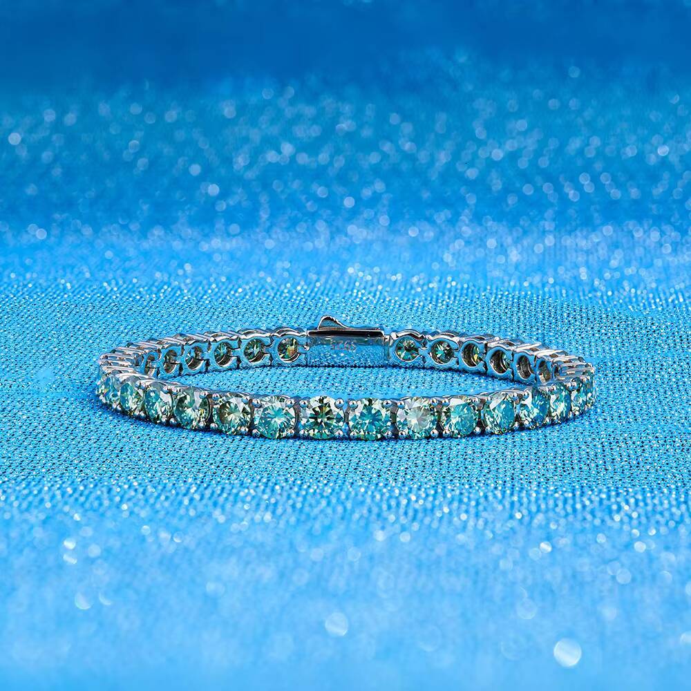 Luxury Trendy S925 Sterling Silver Green Blue Colored Hip Hop Style Moissanite Tennis Bracelet Fine Jewelry Chain Bracelet