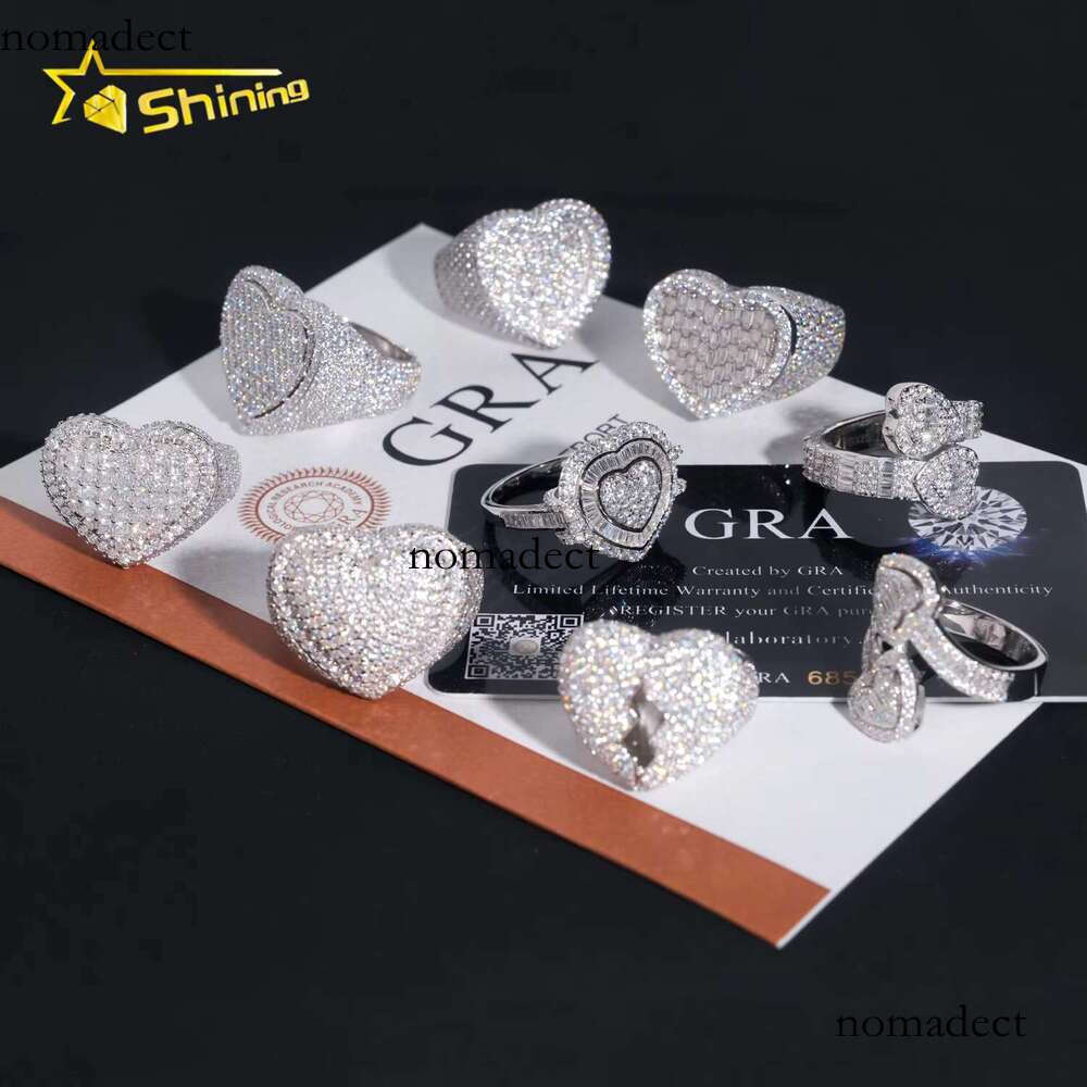 Fine jewelry pure silver gold-plated ice out men's heart-shaped VVS silica hip-hop ring