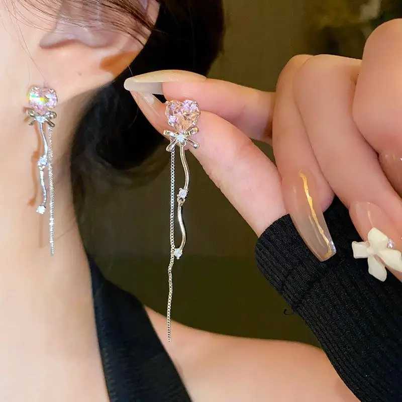 Shiny Pink Crystal Heart Tassel Earrings for Women Creative Zircon Opal Bow Drop Dangling Earrings Y2K Party Jewelry XJ250722