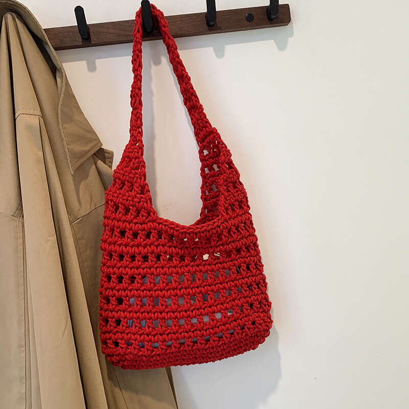 Large capacity commuting hand woven cotton thread hollow armpit bag, forest style vacation shopping bag, single shoulder handheld, dual-use for daily 