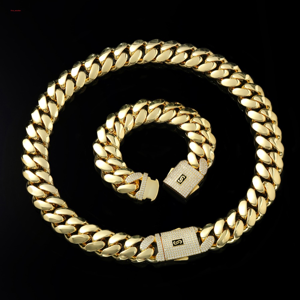 Hiphop Jewelry Iced Out Diamond Clasp Flat Monaco Chain 14K Gold Plated Cuban Link Chain Choker Necklace for Women Custom