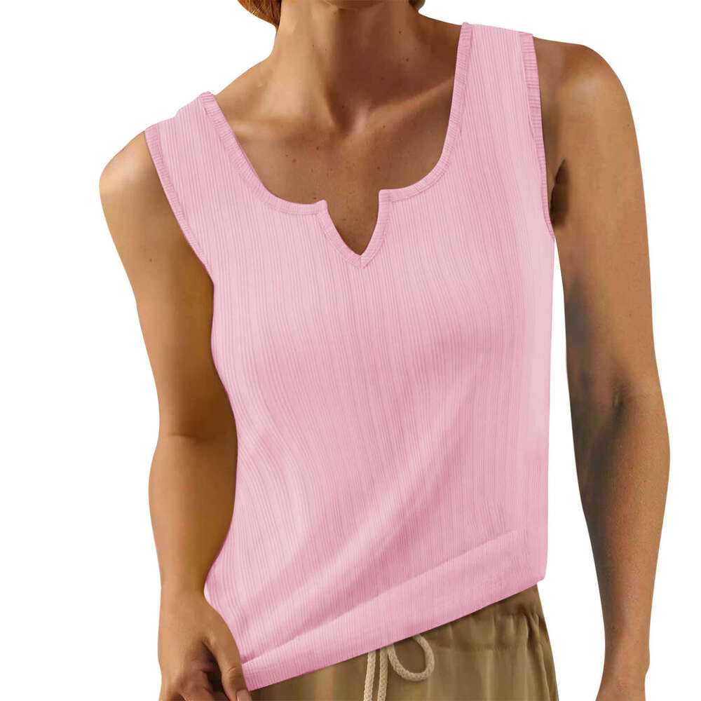 Summer New Design Sense Fashion Casual V-Neck Solid Color Ribbed Vest B5