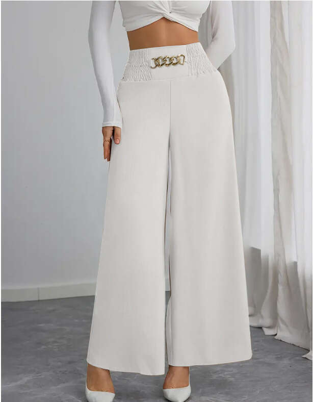 New High-Waisted Slimming Elegant Commuter Solid Color Chain Gathered Spring And Autumn Wide-Leg Pants B5