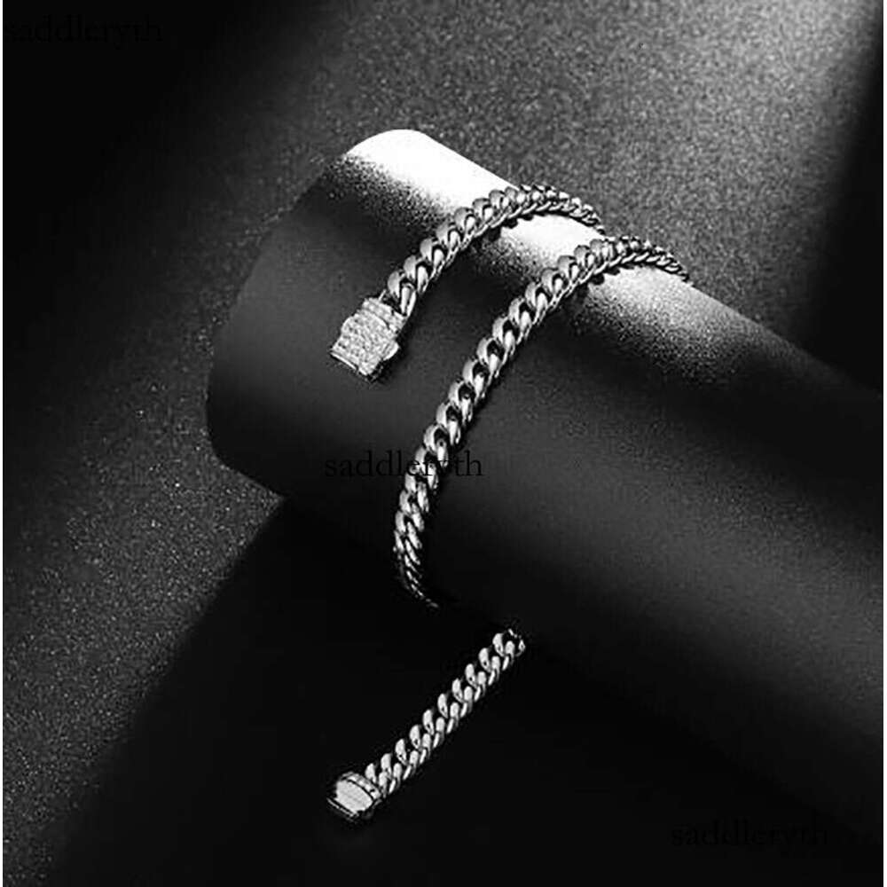 Mens White Gold Tone 316L Stainless Steel Chain Necklace Curb Cuban Link with Dias Clasp Lock 6mm/8mm/10mm/12mm/14mm