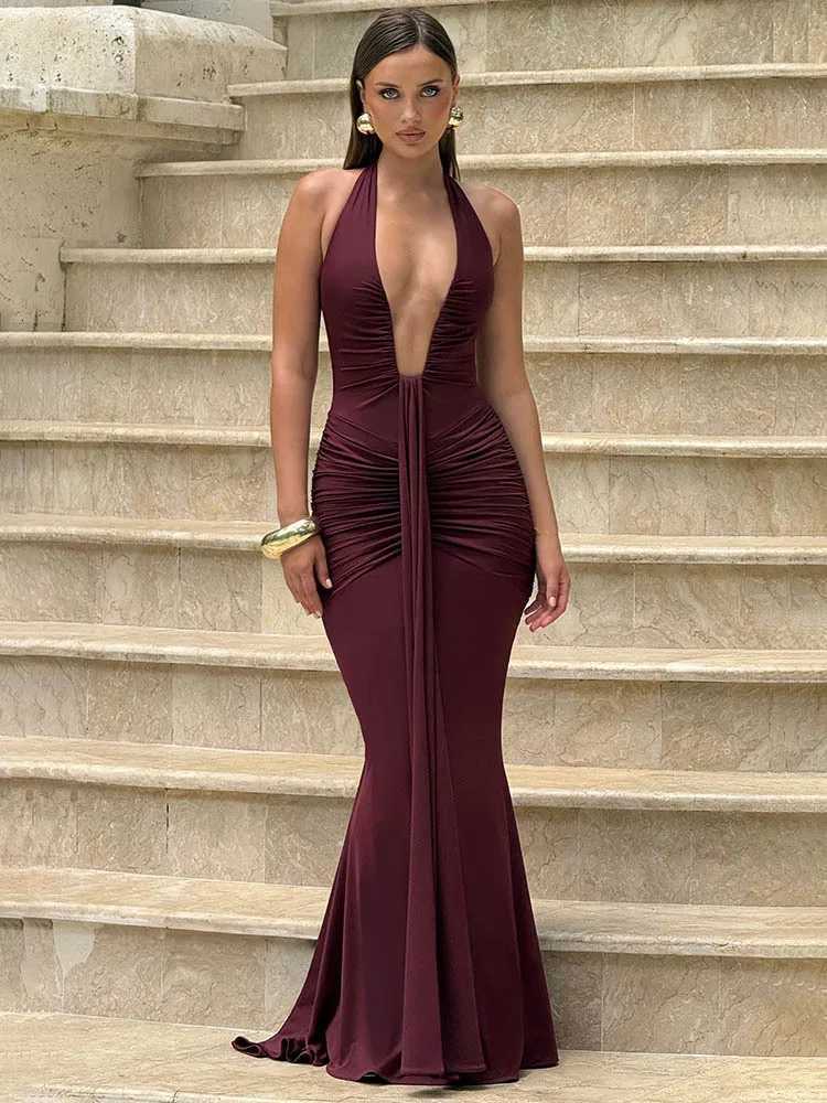 Mozision Deep V Neck Draped Ruched Sexy Maxi Dress Women Summer Fashion Halter Sleeveless Backless Club Party Long Dress XJ250722