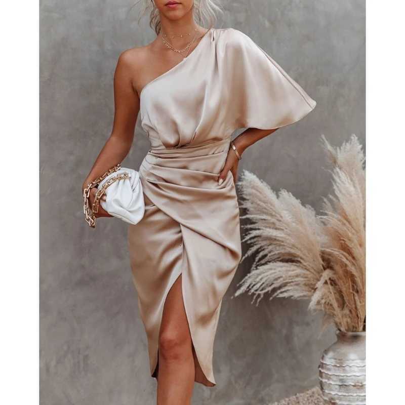 100% Satin One Shoulder Batwing Sleeve Ruched Bodycon Midi Long Dress Asymmetrical Wrap Front Cocktail Party Dresses XJ250722