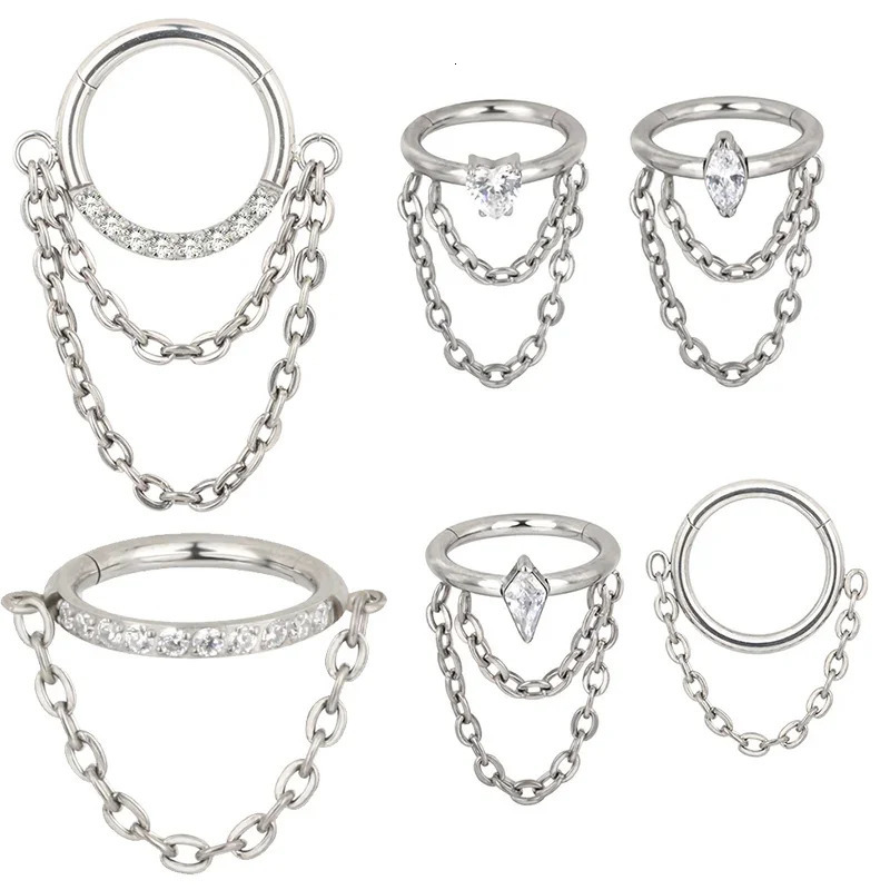 ASTM 36 Chain Dangle EAR PIERC Hinged Segment Hoop CZ Nipple Nose Ring Clicker Labret Earring Piercing Body Jewelry 250722