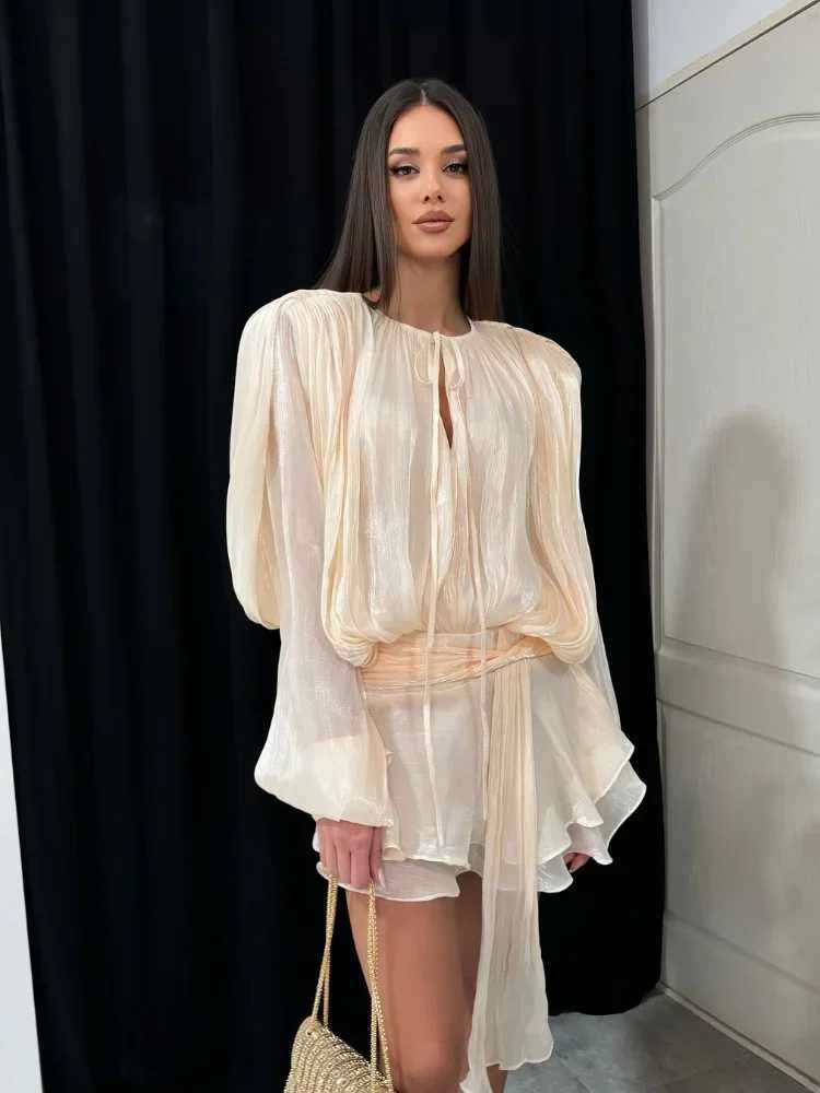 100% Cotton Women Pleated Short Dress Fashion Full Sleeve Round Neck Lace Up Layered Ruffles Gown Lady Ele New Dresses XJ250722