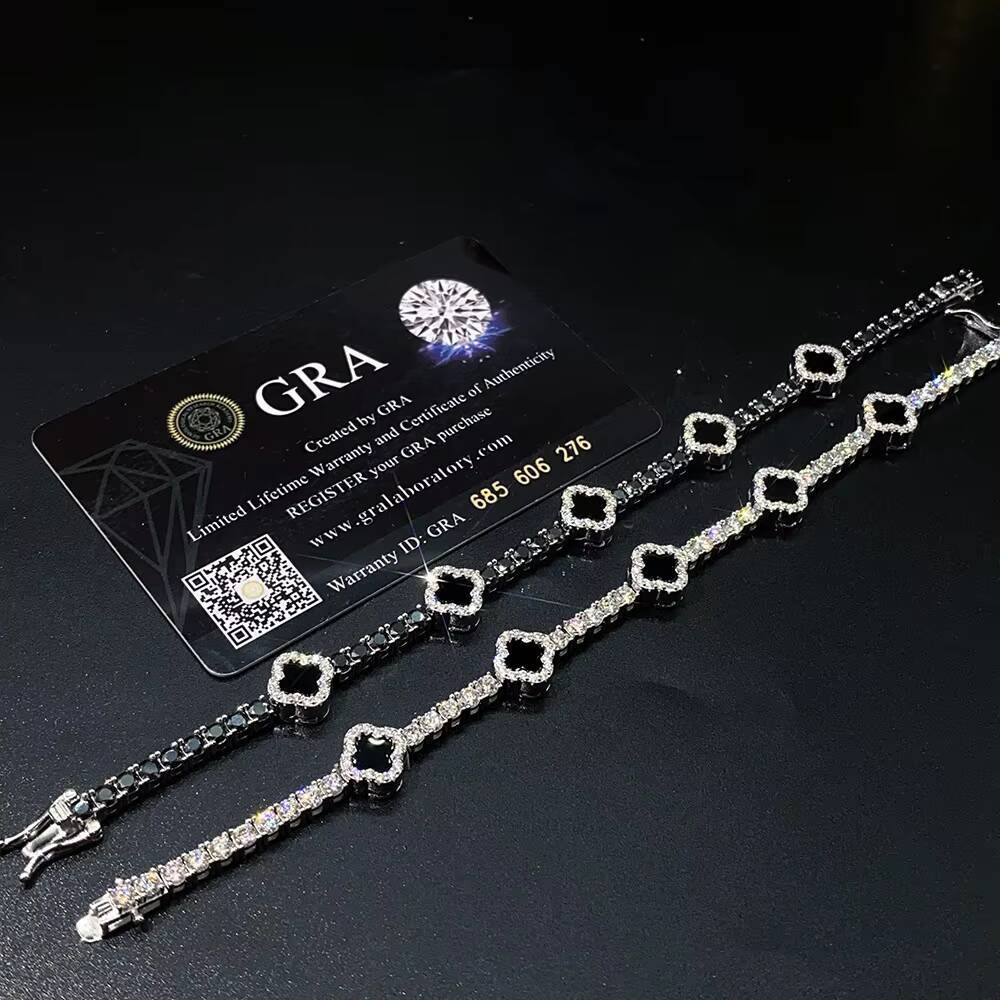 Hot Selling Design Black Clover Tennis Chain Luxury VVS D Moissanite 925 Sterling Silver Tennis Bracelet 4mm Hip Hop Jewelry