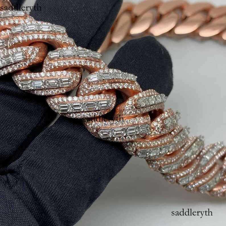 20mm Vermeil Hip Hop Sier with 14k Rose Gold Plated Chains Necklace Emerald Cut Moissanite Dia Iced Out Cuban Link Chain