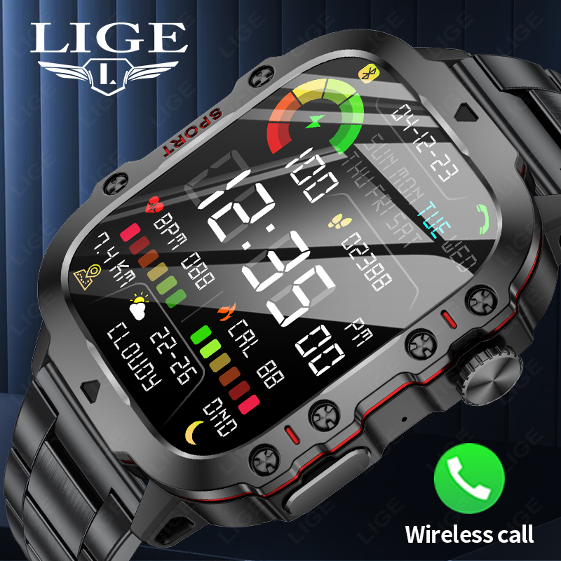 LIGE smartwatch Wireless call, music control, multiple sports modes, IP67 waterproof, blood pressure and heart rate detection Remote control photo tak