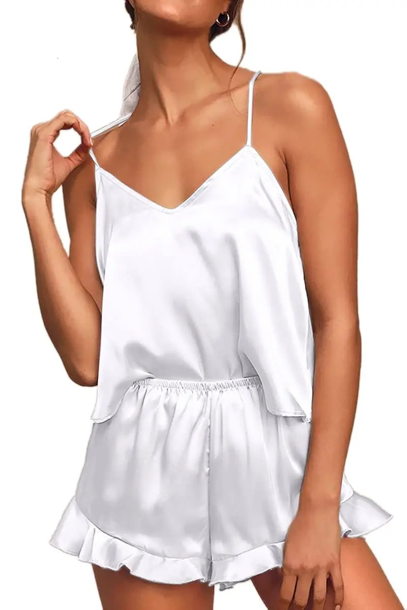 Sexy Silk Satin Pajama Set for Women VNeck Cami Top and Ruffled Shorts Bridal Lingerie Perfect Nightwear 250717