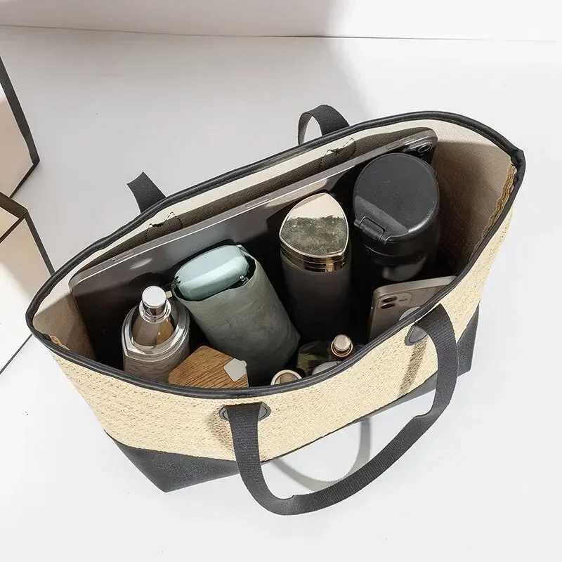 FAshion Pu Leather Weave StrAW Tote Bag Trendy Shoulder Bag PaTChwork Color Beach Handbags Large Capacity Raffia Bag Y250730