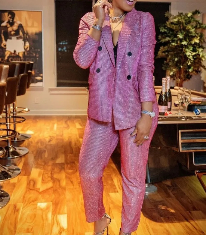 glitter blazer pant suit set plus size pink shiny sparkly birthday wedding cocktail party christmas year stage outfit 250714