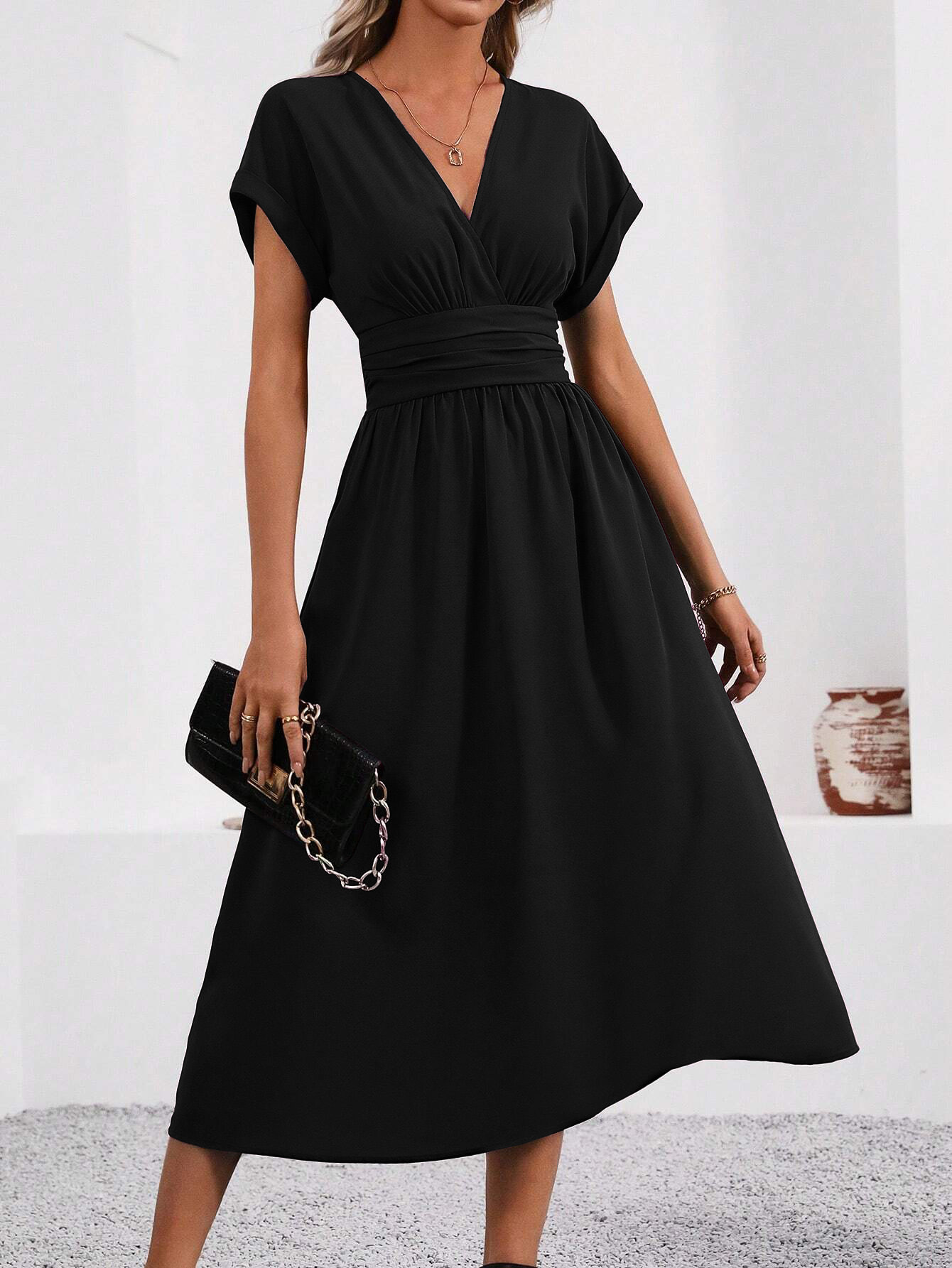 G721Solid Color Overlapping V-Neck Bat Sleeve Waist Pleated Long Elegant Dress