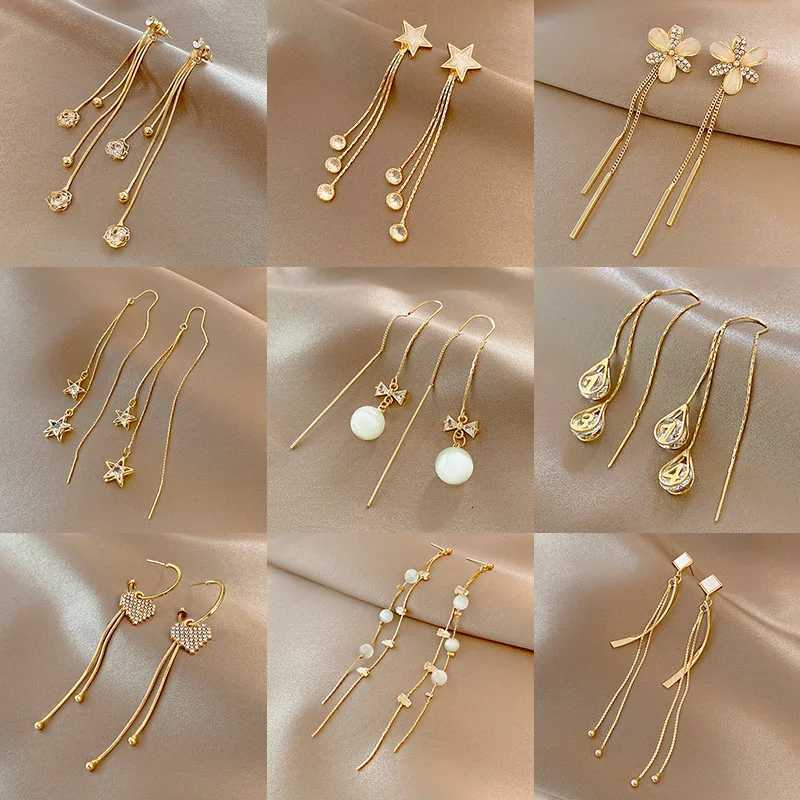 Korean Gold Color Long Tassel Earrings For Women Fashion Crystal Butterfly Heart Star Dangle Earrings Elegant Party Jewelry XJ250722