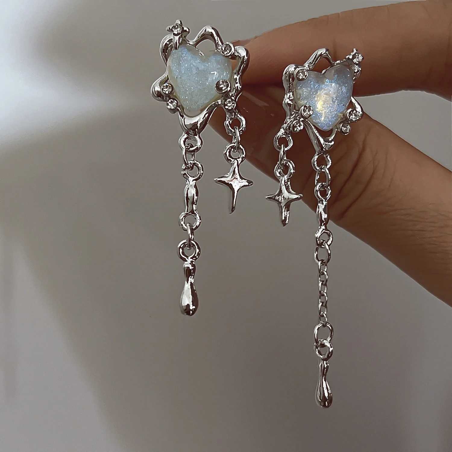 Opal Moonstone Heart-shaped Irregular Star Pendant Tassel Earrings Women Light Luxury Goth Jewelry y2k XJ250722