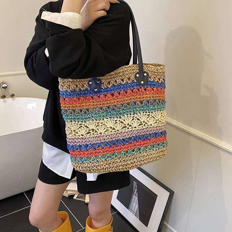 2025 New Fashion Summer Beach Vintage Woven Straw Handbag Rainbow Color Female Shoulder Vacation Tote Bag