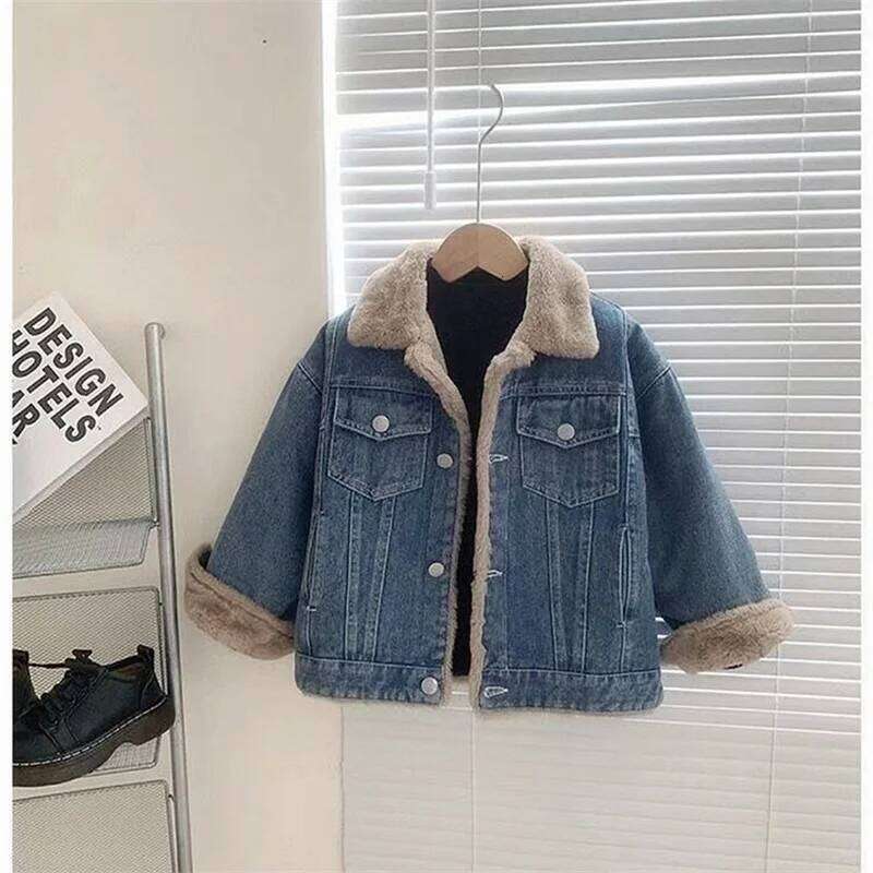 Girls Plus Veet Thick Denim Jacket Winter Warm Padded Coat Children's Loose Lapel Outerwear New Casual Parkas 4-12 Years Old