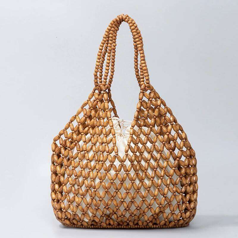 Simple Casual Handwoven Wooden Bead Handbag New Retro Versatile Summer Vacation Handheld Women's Shoulder Bags Water Bucket Bag