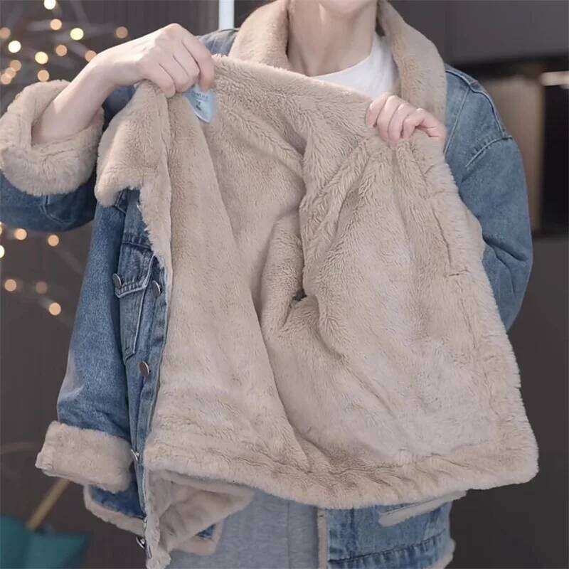 Girls Plus Veet Thick Denim Jacket Winter Warm Padded Coat Children's Loose Lapel Outerwear New Casual Parkas 4-12 Years Old