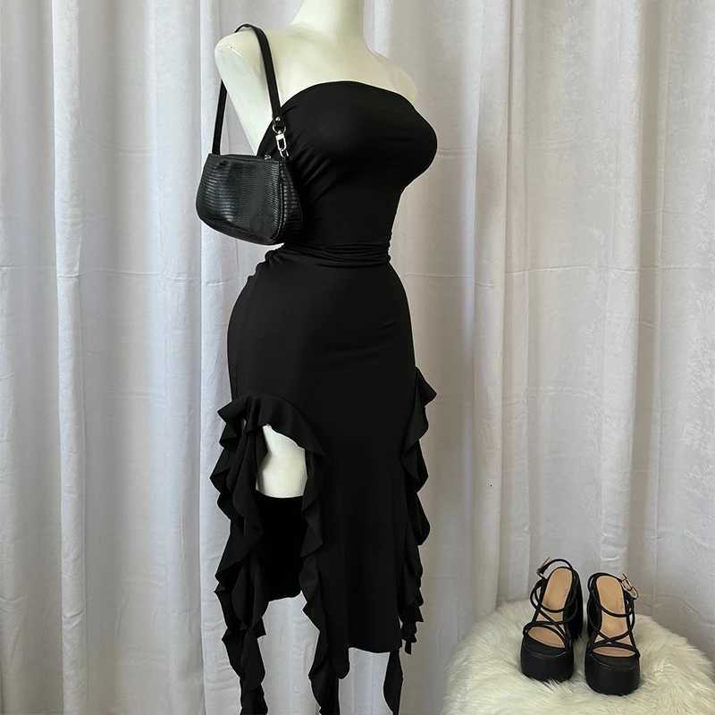 2024 Women Strapless Sexy Floral Fold Hemline High Slit Mini Dress Solid Backless Sleeveless Black And Pink Party Dress Vestidos XJ250722